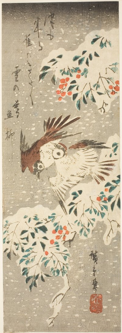Sparrows Flitting about Snow-covered Nandina as More Snow Falls by Utagawa Hiroshige