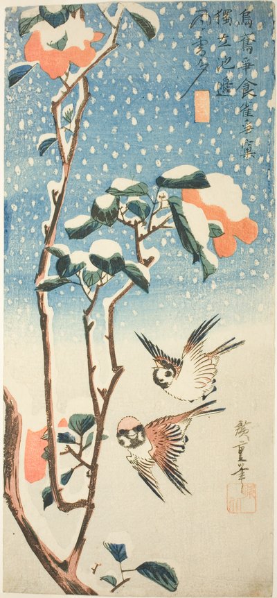 Sparrows and Camellia in Snow by Utagawa Hiroshige