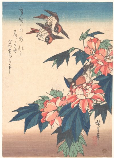 Swallows and Kingfisher with Rose Mallows by Utagawa Hiroshige