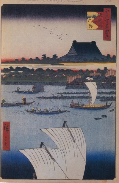 Teppozu and Tsukiji Monzeki Temple, One Hundred Famous Views of Edo by Utagawa Hiroshige