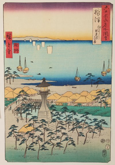 Demi Coast and Lighthouse in Settsu Province / Settsu Sumiyoshi Demi no Hama, Plate 5 from the Series: Views of Famous Places in Sixty-odd Provinces / Rokuju yoshu meisho zue by Utagawa Hiroshige