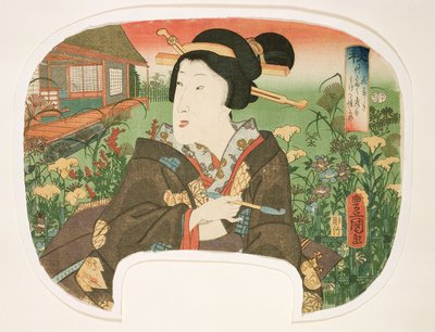 Autumn, Hanayashiki: A geisha with a pipe, design for a fan from a set of four illustrating the seasons by Utagawa Kunisada