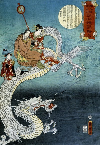 Dragon and Japanese in traditional costume by Utagawa Kunisada III