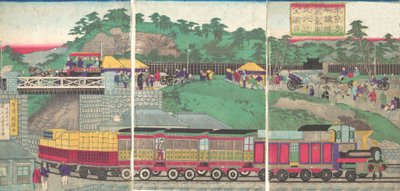 Illustration of a Steam Locomotive Running on the Takanawa Railroad in Tokyo by Utagawa Kuniteru
