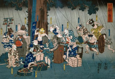 Comic Animals Taking Shelter from Rain by Utagawa Kuniyoshi