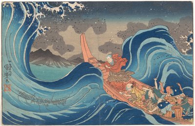 Concise Illustrated Biography of Monk Nichiren: Calming the Stormy Sea at Tsunoda in Exile to Sado Island by Utagawa Kuniyoshi