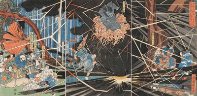 Ghost of Akugenda Yoshihira Attacking Nanba Jiro at Nunobiki Waterfall by Utagawa Kuniyoshi