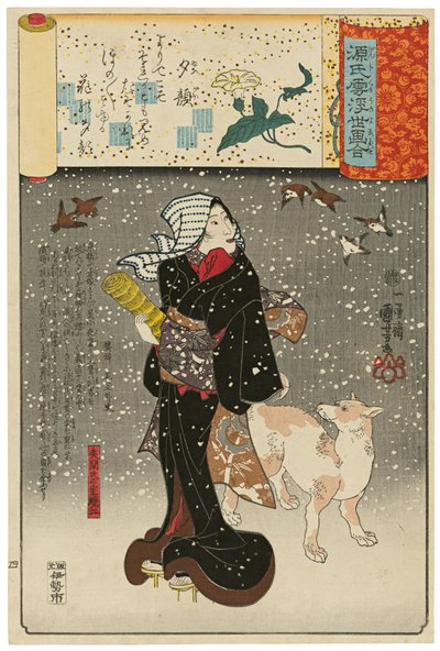 “Lady of the Evening Faces” (Yūgao): Yazama’s Wife Orie (Yazama-shi no shitsu Orie), from the series Scenes amid Genji Clouds Matched with Ukiyo-e Pictures (Genji-gumo ukiyo e-awase) by Utagawa Kuniyoshi