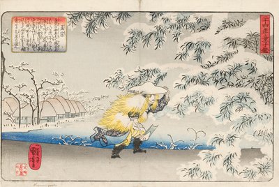 Moso walking through the snow carrying a hoe, to collect bamboo shoots to make soup for his mother, signed Ichiyusai Kuniyoshi ga, c.1843 by Utagawa Kuniyoshi