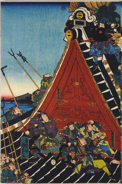 Sheet from a colour woodblock print triptych, entitled Horyukaku sho no zu depicting a scene from the Hakkenden of Takizawa Bakin showing a fight on the temple roof between Inuzuka Shino by Utagawa Kuniyoshi