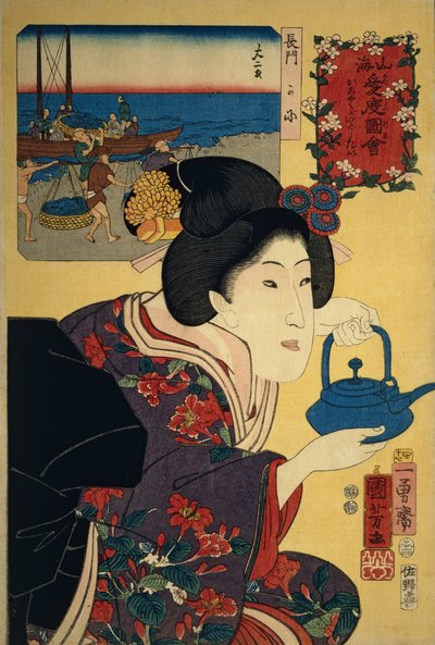 Waitress with sake kettle, with Nagato beach depicted in image in background by Utagawa Kuniyoshi