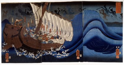 Yoshitsune Minamoto attacked by the spectra of the killed enemies. Painting by Utagawa Kuniyoshi, early 19th century by Utagawa Kuniyoshi