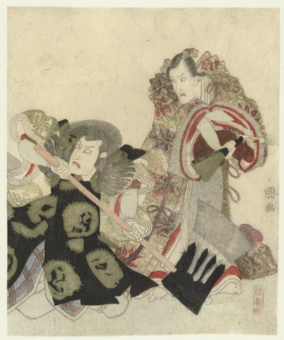 Ichikawa Danjūrō VII as Yoshimune no Munesada with Fan and Ichikawa Omezō as Sekibei with Axe by Utagawa Toyokuni (I)