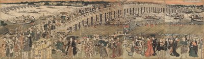 Cooling Off at Ryogoku Bridge in Edo, a Pentaptych by Utagawa Toyokuni