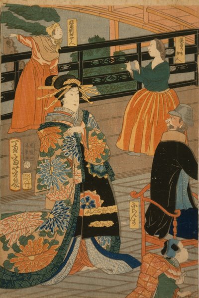 Visitors from several nations enjoying a party in the Fan Room of the Gankiro, 1860 by Utagawa Yoshiiku