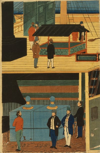 An American Steamship with Group of Passengers Below Deck and Activities on Deck by Utagawa Yoshikazu