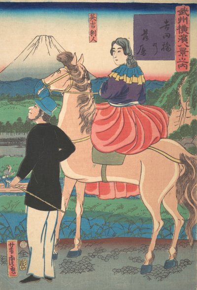Descending Geese at Yoshida Bridge [English Couple] Yoshidabashi no rakugan by Utagawa Yoshitora