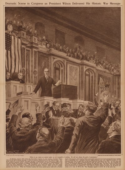 US President Woodrow Wilson asking Congress to declare war on Germany by V. Perard