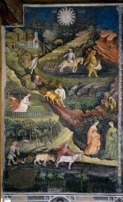 April: plowing and sowing of fields. Agriculture scene with plow, harrow and agricultural tools in the countryside by Venceslao Maestro
