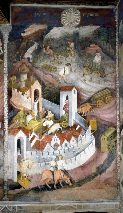 December: the loggers gather the wood and bring it back to the town of Trento where the wall and castle of Buonconsiglio are represented by Venceslao Maestro