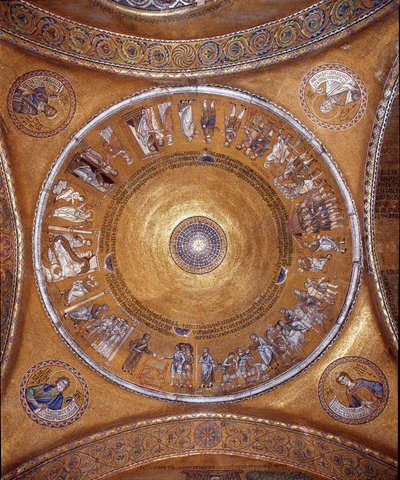 View of the dome with mosaics on a golden background illustrating Abraham