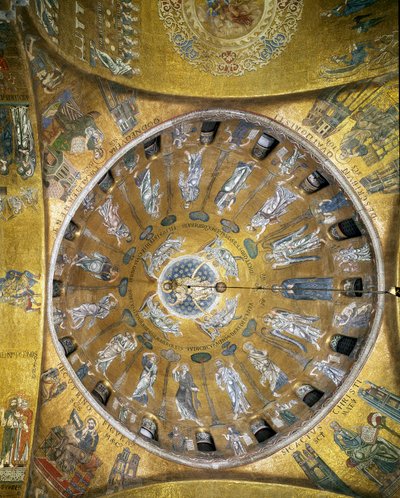View of the dome with mosaics on a golden background illustrating the Ascension. In the pendants, the four evangelists. Saint Mark and Saint Matthew redone in 1843-1864. The beginning of the 13th century. Basilica San Marco by Veneto Byzantine School