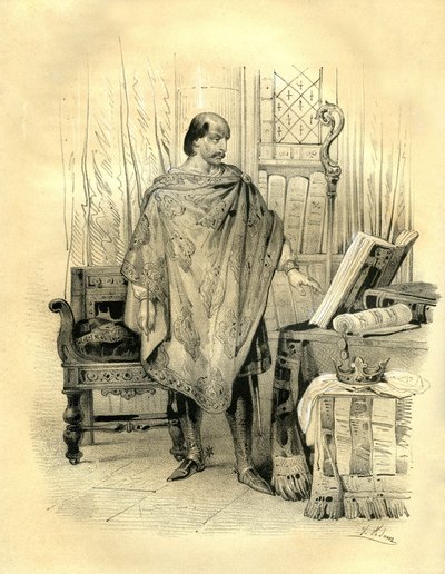 Charles II the Bald, King of Aquitaine, King of the West Francia, King of Lorraine and Burgundy, Emperor of the West. Engraving by Victor Adam in the book 