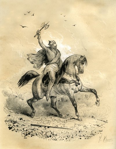 Charles Martel (688-741) won the Arab troops in Poitiers in 732. Engraving by Victor Adam (1801-1866) in the book “France in the Middle Ages” published by the Ardant brothers in the middle of the 19th century. by Victor Adam
