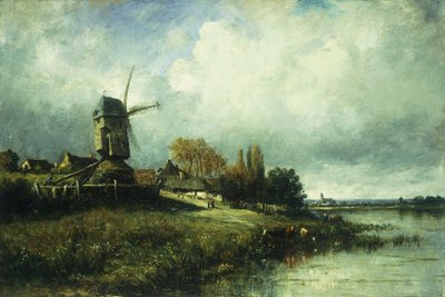 A River Landscape with a Windmill by Leon Victor Dupre