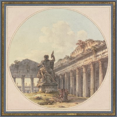 Architectural Capriccio: Interior of a Temple Ruin with a Statue of Jupiter Tonans and Staffage Figures by Victor Jean Nicolle