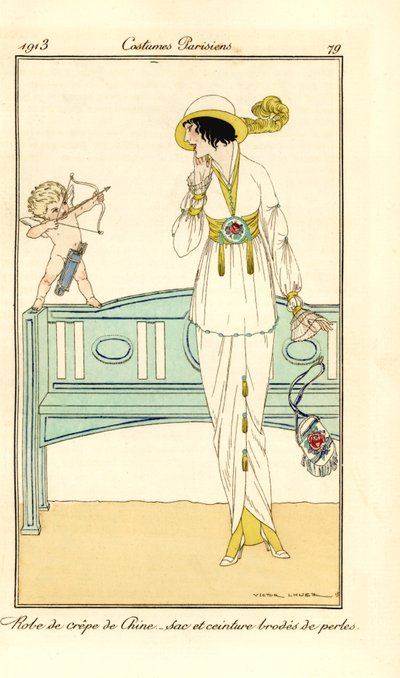 Woman in crepe-de-chine gown with belt and bag embroidered with pearls. A cupid aims a love dart at her head by Victor Lhuer