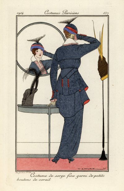 Woman in fine serge suit with coral buttons looking by Victor Lhuer