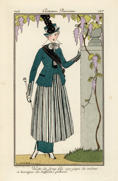 Woman in Fine Wool Suit with Striped Pekin-Silk Taffeta Tunic by Victor Lhuer