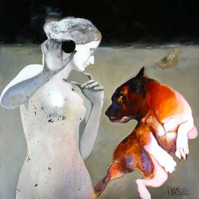 Contemplative Woman and Dog by Victor Tkachenko