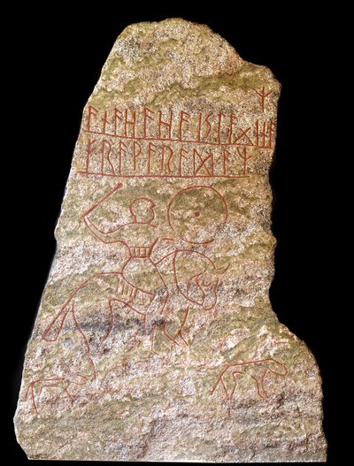 A Stele with Runic Inscriptions Representing a Viking Horseman with a Dog by Viking Viking