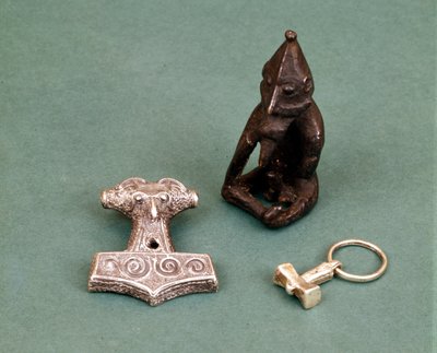 Amulets of Viking Deities: Silver Hammers Symbolizing Thor and Statuette Representing Freyr by Viking Viking