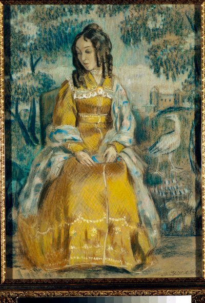 Portrait of Nadezhda Stanyukovich in Front of a Tapestry, Pensive, Wearing a Crinoline Dress by Viktor Elpidiforovich Borisov Musatov