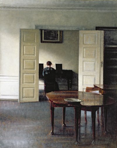An Interior with a Woman Playing Piano by Vilhelm Hammershoi