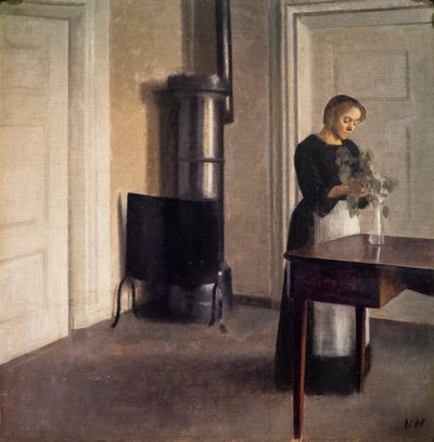 Interior with a Woman Arranging Flowers in a Vase by Vilhelm Hammershoi