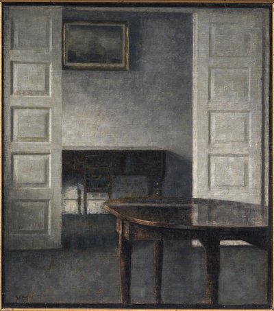 Living Room. The Double Doors Are Open to a Room Behind with a Closed Piano by Vilhelm Hammershøi