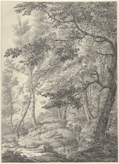 Forest Landscape with a Wooden Bridge and Two Walkers by Vincent Jansz. van der Vinne