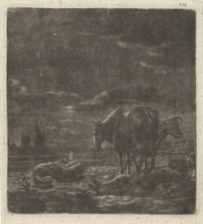 Night Landscape with Sleeping Shepherd and Cattle by Vincent Laurensz. van der Vinne (II)