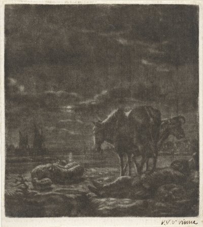 Night Landscape with Sleeping Shepherd and Cattle by Vincent Laurensz. van der Vinne (II)