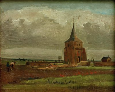 The Old Cemetery Tower in Nuenen with Plowing Farmer by Vincent van Gogh