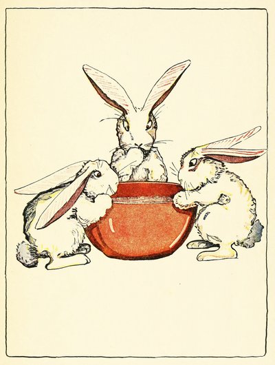 Flopsy, Mopsy, and Cotton-Tail had bread and milk and blackberries for dinner, from The Tale of Peter Rabbit, pub. 1916 by Virginia Albert
