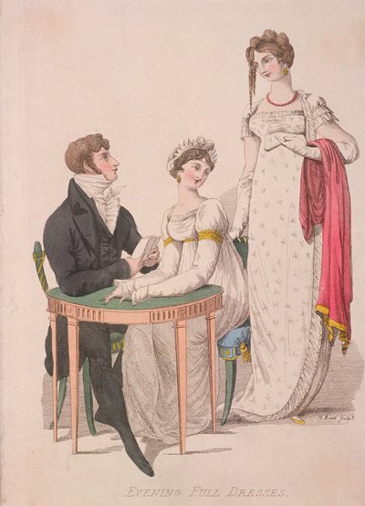 Two women and a man wearing full evening dress by W Read