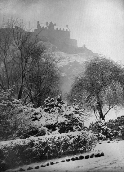 Edinburgh Castle in the snow, from Princes Street Gardens, Scotland by W. Reid