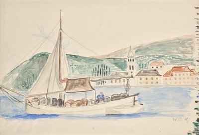 Man in Boat with Barrels in Italy by Walter Barwig