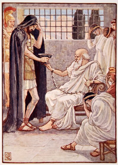 He drank the contents as though it were a draught of wine, illustration from The Story of Greece by Mary Macgregor, 1st edition, 1913 by Walter Crane