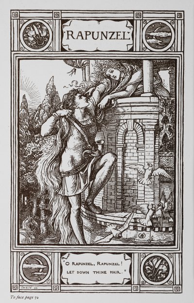 Rapunzel leans out of the window of a tower while a prince climbs up her hair by Walter Crane
